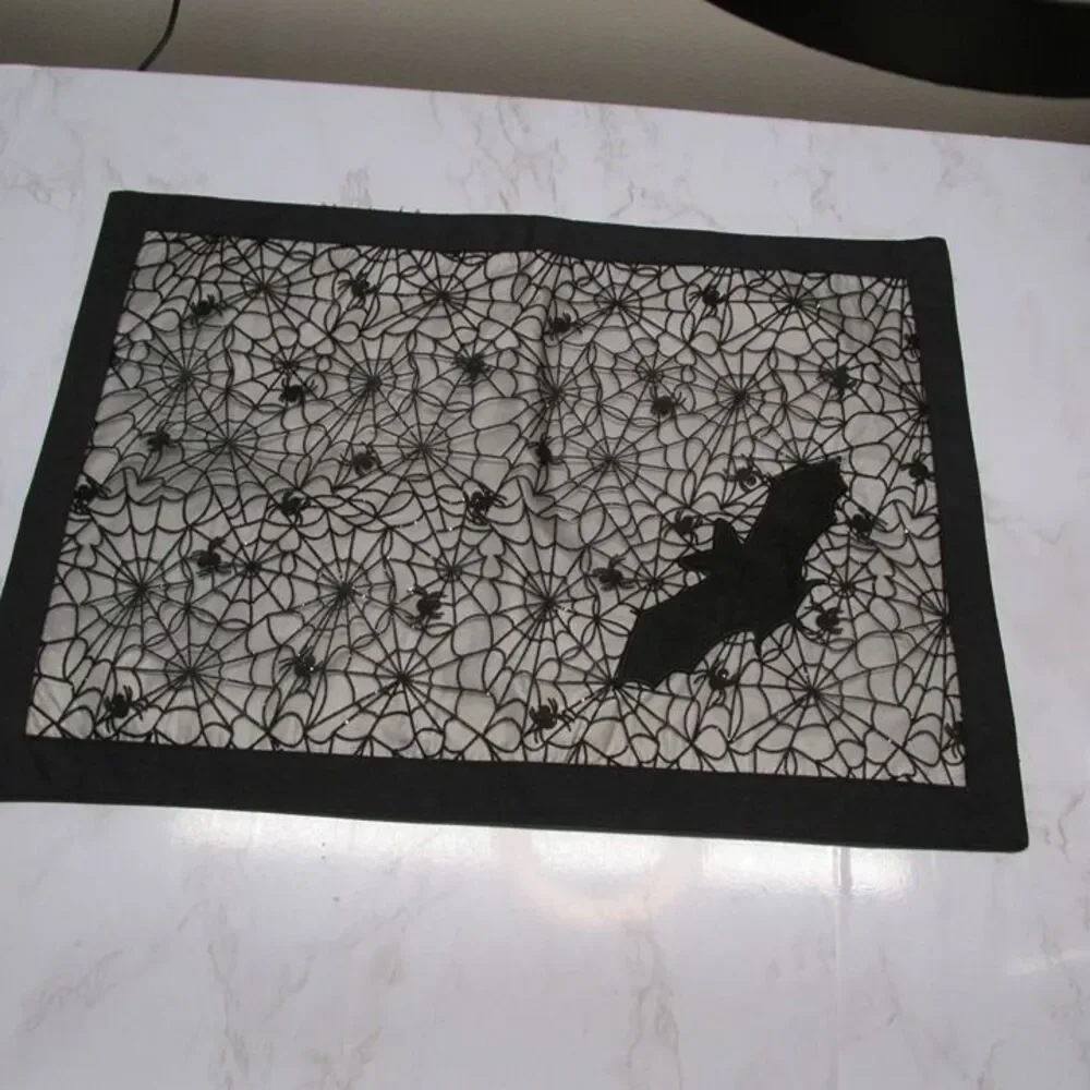 HALLOWEEN BLACK GRAY FLOCKED Bats PLACE MATS  set of 2 Glitter Spiderweb